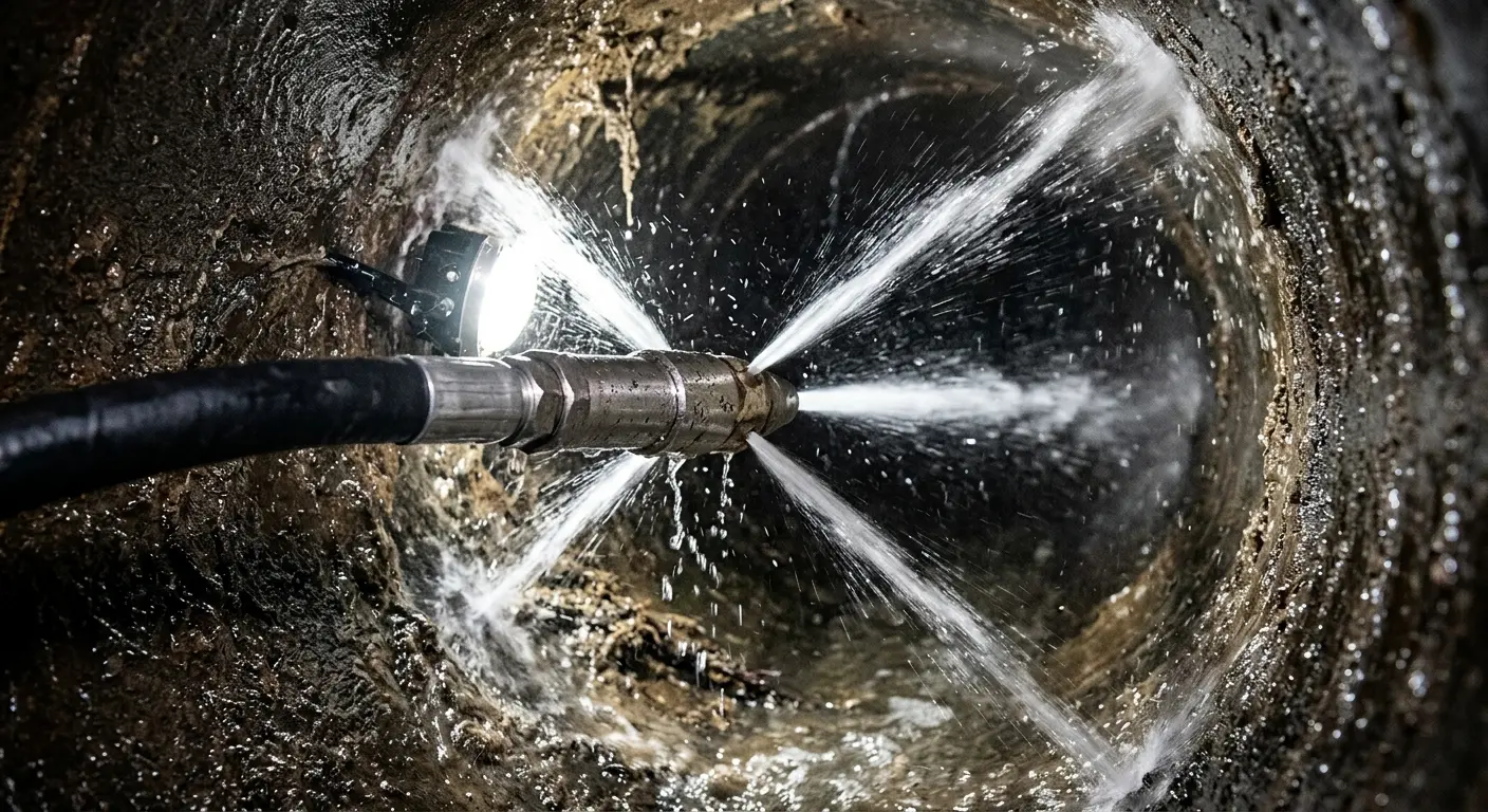 High-pressure hydro jetting nozzle cleaning sewer pipe for Storm Drain Cleaning in Ben Lomond
