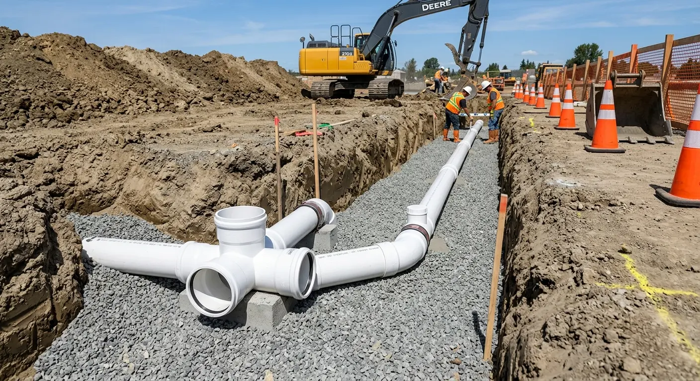 New PVC sewer pipe installation in open trench for Sewer Backup in Ben Lomond
