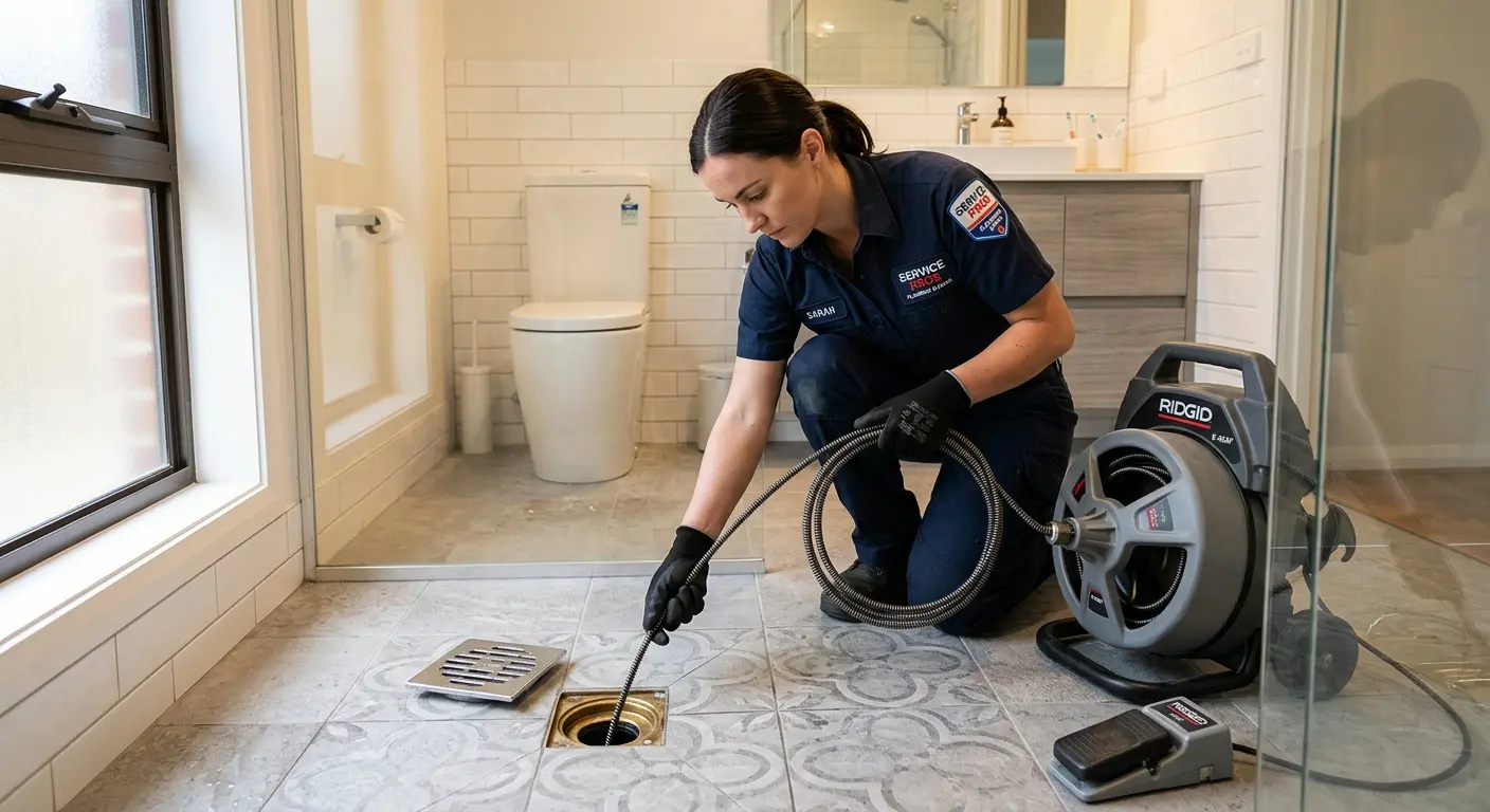 Technician clearing a bathroom floor drain for Drain Cleaning in Ben Lomond